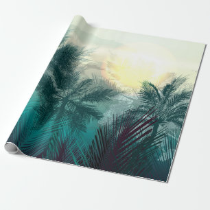 Tropical jungle landscape with palm trees and leaf wrapping paper