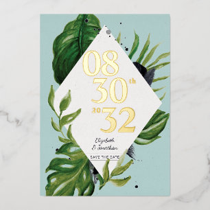 Tropical jungle leafage modern blue save the date