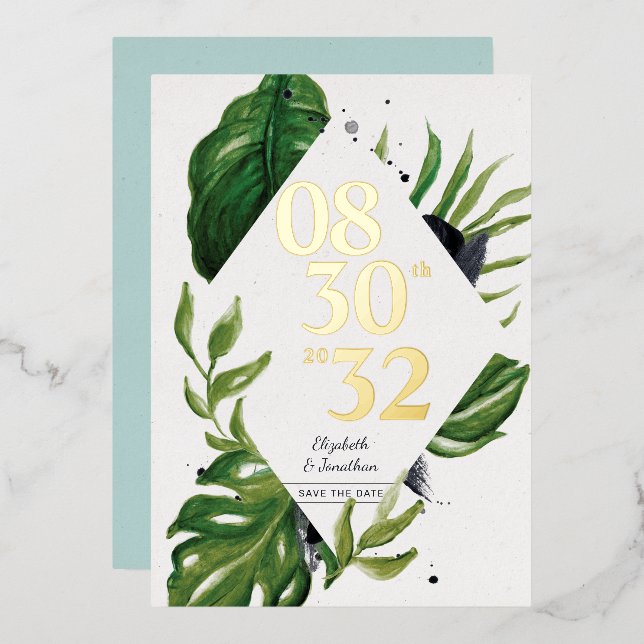 Tropical jungle leafage modern white save the date (Front/Back)