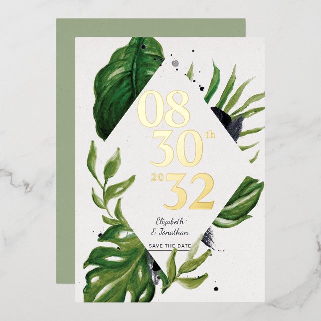 Tropical jungle leafage modern white save the date (Front/Back)