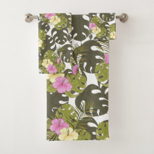 Tropical Jungle Leaves and Hibiscus Pattern Bath Towel Set