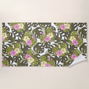 Tropical Jungle Leaves and Hibiscus Pattern Beach Towel