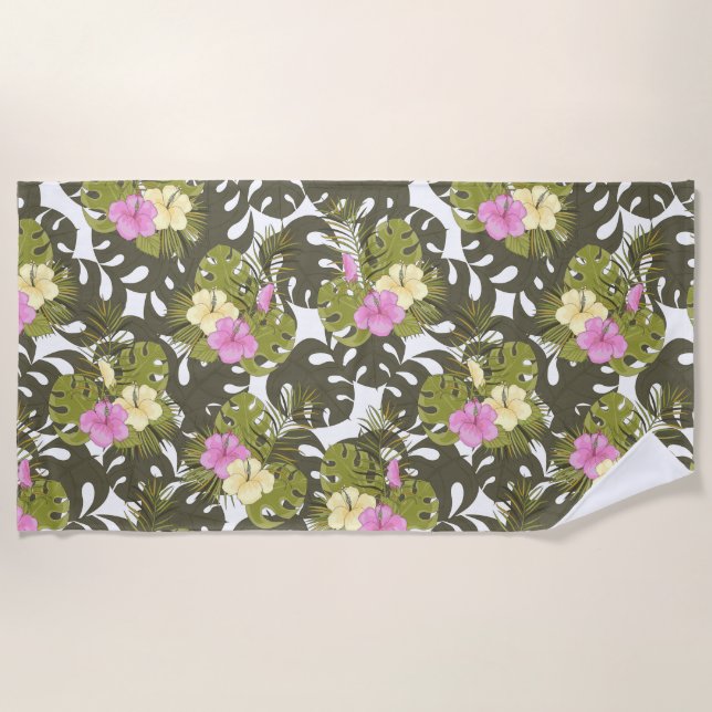 Tropical Jungle Leaves and Hibiscus Pattern Beach Towel (Front)