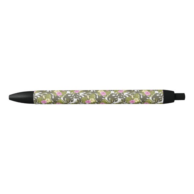 Tropical Jungle Leaves and Hibiscus Pattern Black Ink Pen (Front)