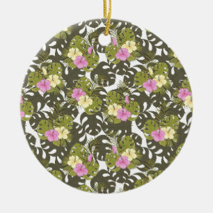 Tropical Jungle Leaves and Hibiscus Pattern Ceramic Tree Decoration