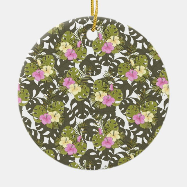 Tropical Jungle Leaves and Hibiscus Pattern Ceramic Tree Decoration (Front)