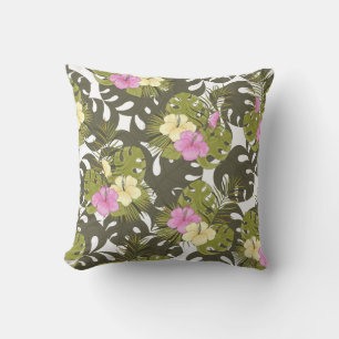 Tropical Jungle Leaves and Hibiscus Pattern Cushion