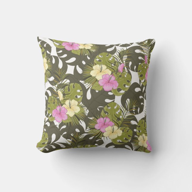 Tropical Jungle Leaves and Hibiscus Pattern Cushion (Front)