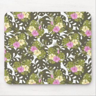 Tropical Jungle Leaves and Hibiscus Pattern Mouse Mat