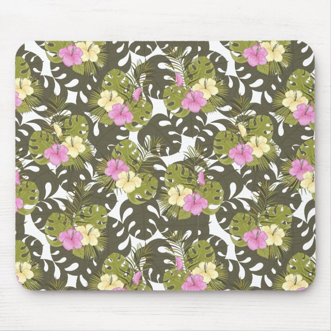 Tropical Jungle Leaves and Hibiscus Pattern Mouse Mat (Front)