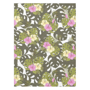Tropical Jungle Leaves and Hibiscus Pattern Tablecloth