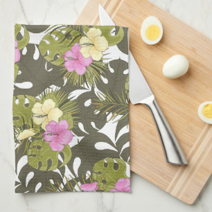 Tropical Jungle Leaves and Hibiscus Pattern Tea Towel