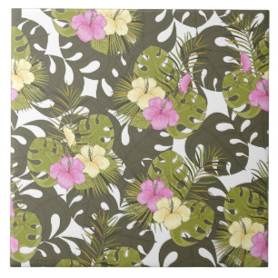 Tropical Jungle Leaves and Hibiscus Pattern Tile