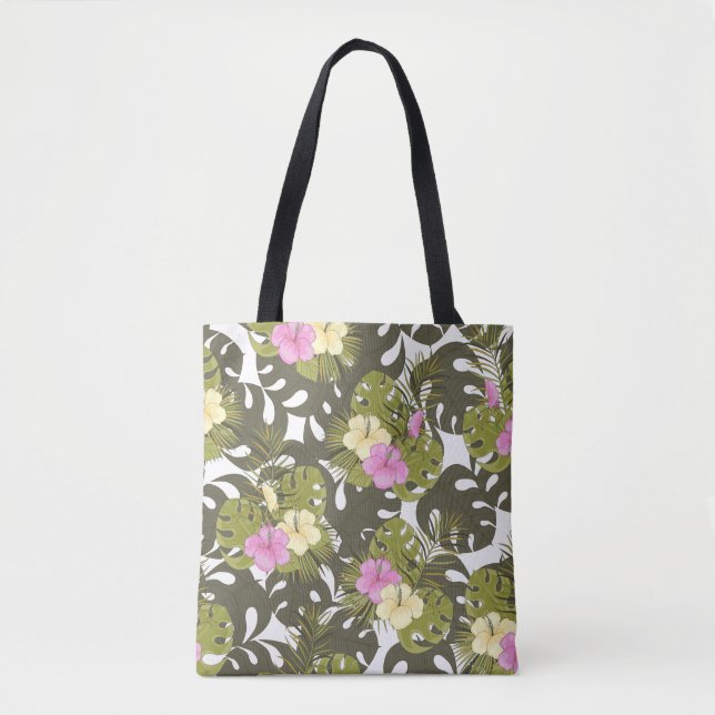 Tropical Jungle Leaves and Hibiscus Pattern Tote Bag (Front)