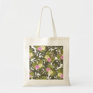Tropical Jungle Leaves and Hibiscus Pattern Tote Bag