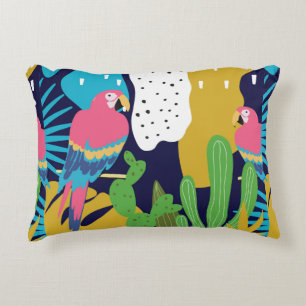 Tropical jungle leaves background with parrots. Su Decorative Cushion