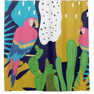 Tropical jungle leaves background with parrots. Su Shower Curtain