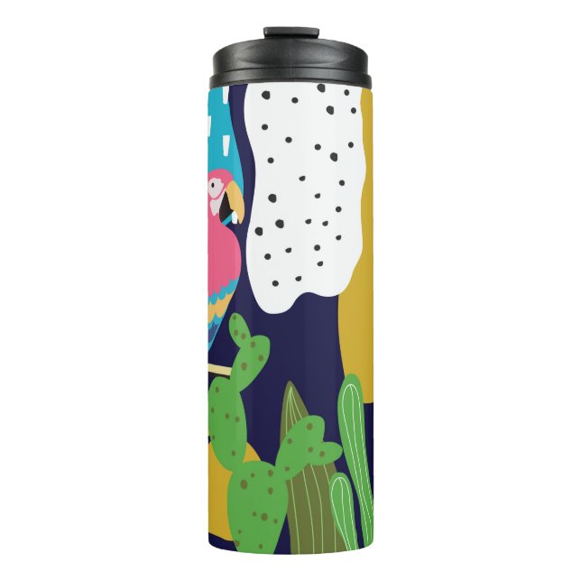 Tropical jungle leaves background with parrots. Su Thermal Tumbler (Front)
