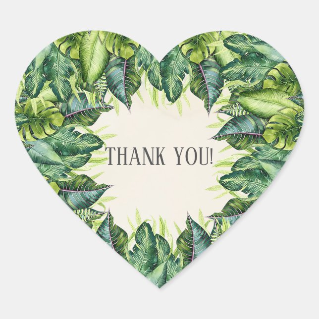 Tropical Jungle Leaves Botanical Party Favour Heart Sticker (Front)