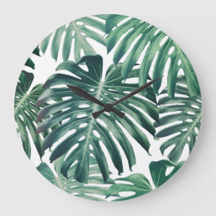 Tropical Jungle Leaves Floral Background Large Clock