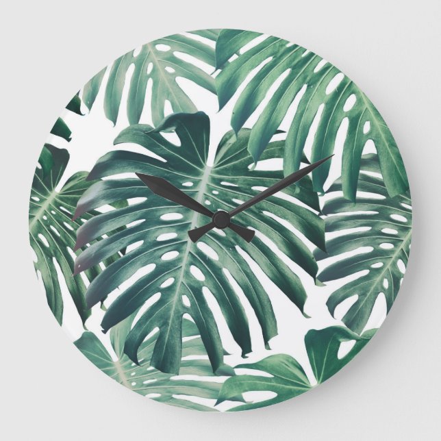 Tropical Jungle Leaves Floral Background Large Clock (Front)