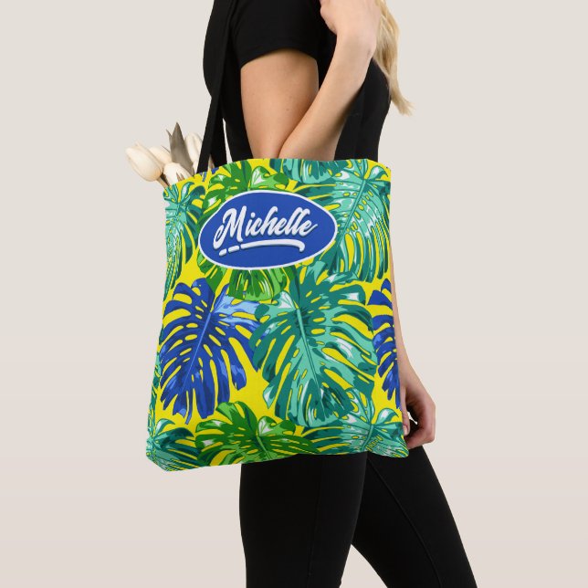 Tropical Jungle Leaves Green Yellow Name Tote Bag (Close Up)