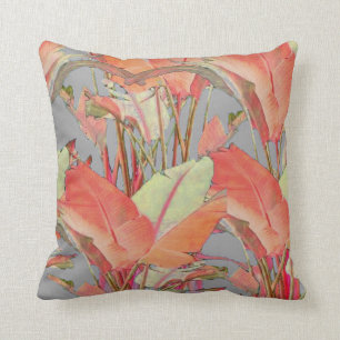 TROPICAL JUNGLE LEAVES IN SOFT SALMON  COLORS CUSHION