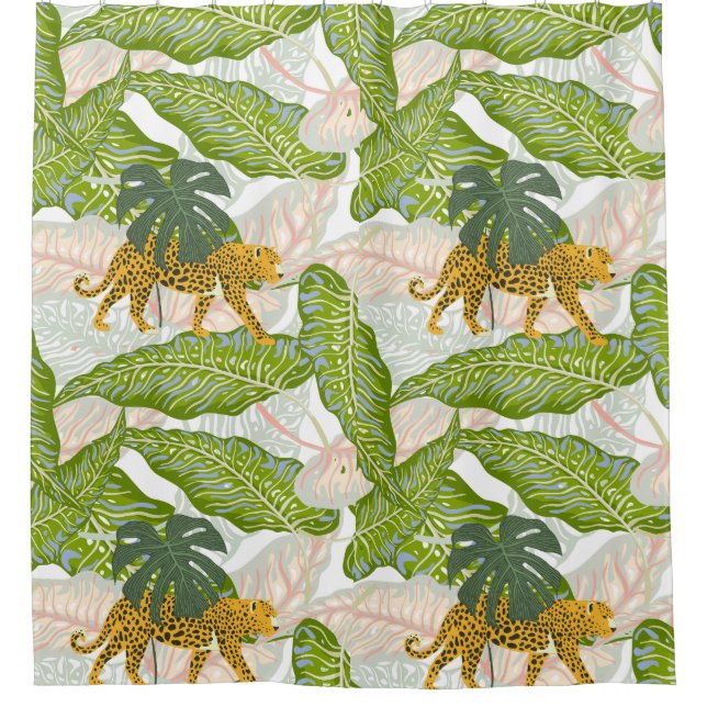 Tropical Jungle Leaves & Leopard Bathroom Curtain (Front)