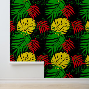 Tropical Jungle Leaves Pattern Rasta Colours Wallpaper