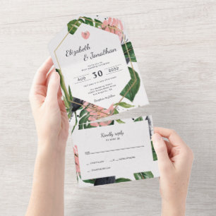 Tropical jungle leaves & pink flower floral modern all in one invitation