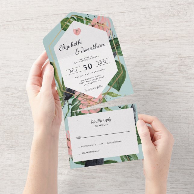 Tropical jungle leaves & pink flower floral modern all in one invitation (Tearaway)