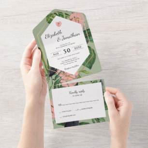Tropical jungle leaves & pink flower floral modern all in one invitation