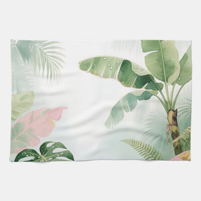 Tropical Jungle Leaves Watercolor Tea Towel (Horizontal)