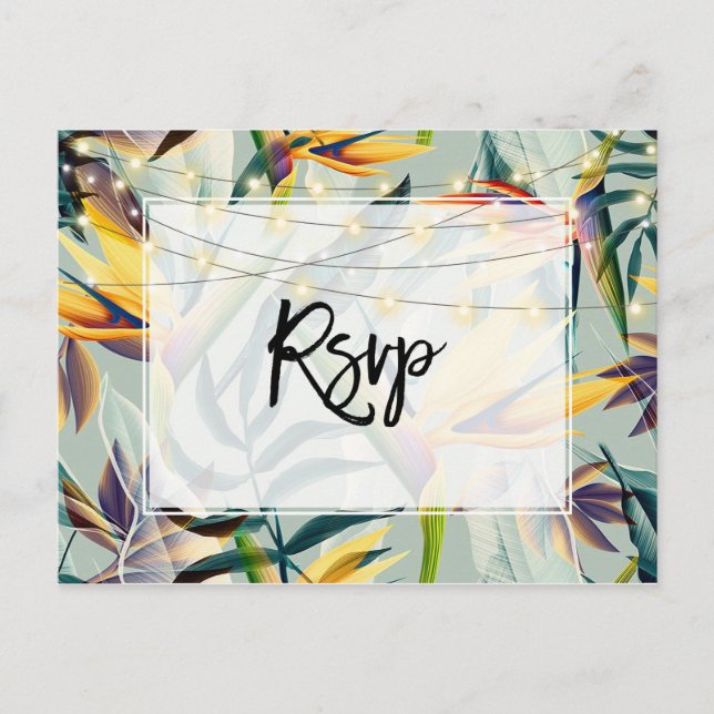 tropical jungle lights wedding rsvp postcard (Front)