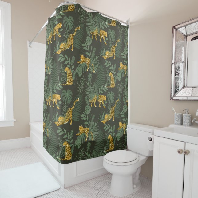 Tropical jungle monstera palm leaves leopard shower curtain (In Situ)