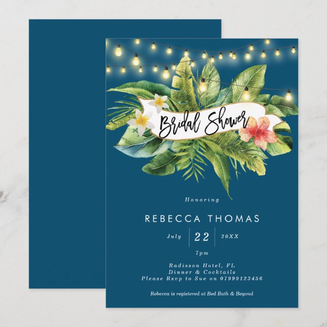 Tropical jungle navy bridal shower invitation (Front/Back)