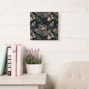 Tropical Jungle Night Leaves 13 - Repeating Square Wall Clock