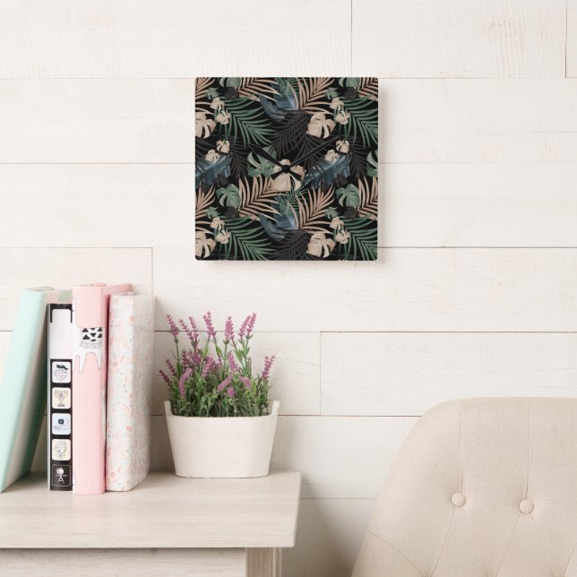 Tropical Jungle Night Leaves 13 - Repeating Square Wall Clock (Reading Room)