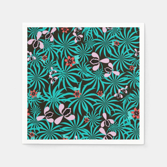 Tropical jungle palm leaves orchid flowers bloom c napkin (Front)