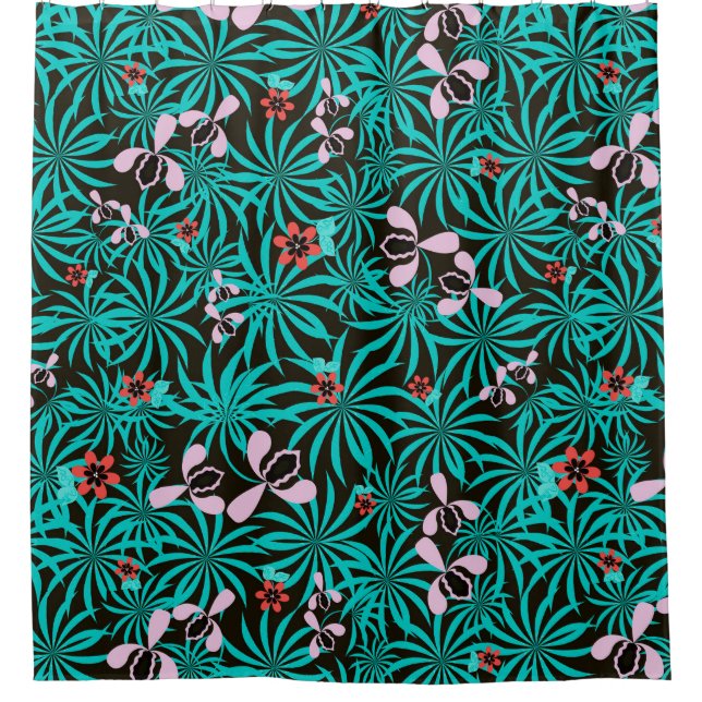 Tropical jungle palm leaves orchid flowers bloom c shower curtain (Front)