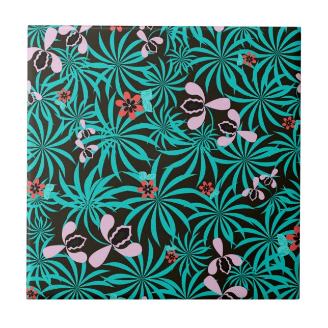 Tropical jungle palm leaves orchid flowers bloom c tile (Front)