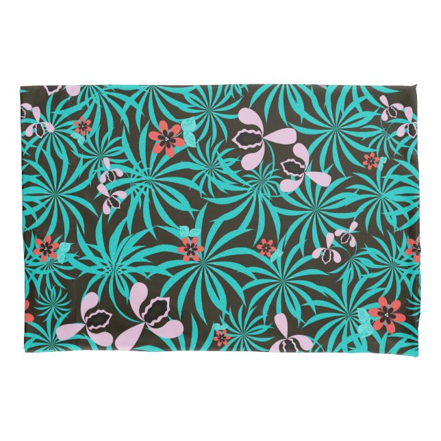 Tropical jungle palm leaves orchid flowers bloom  pillowcase (Front)