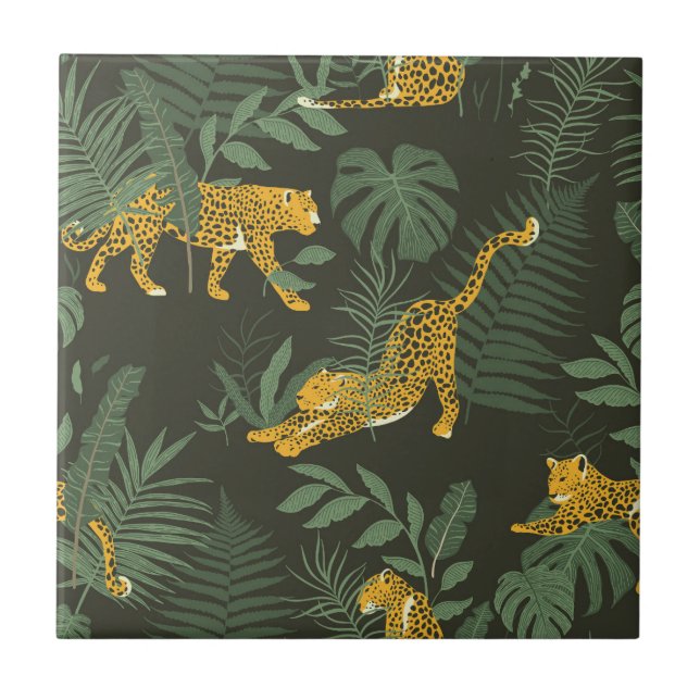 Tropical Jungle Pattern with Jaguar palm leaves Tile (Front)