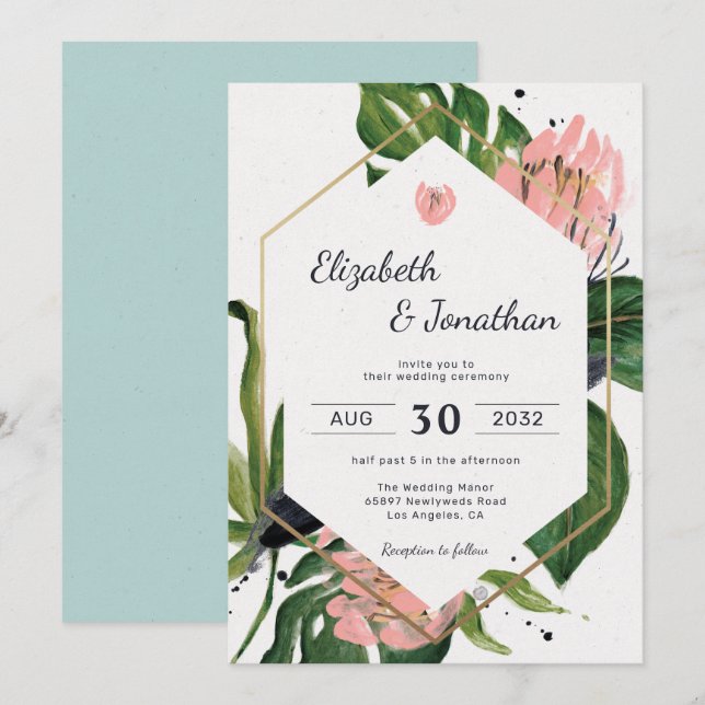 Tropical jungle pink flower & leaves floral modern invitation (Front/Back)