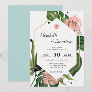 Tropical jungle pink flower & leaves floral modern invitation