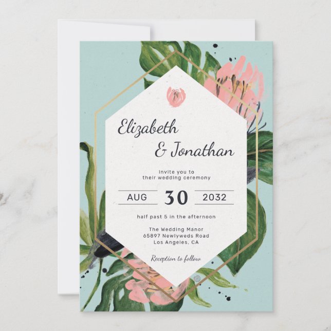 Tropical jungle pink flower & leaves floral modern invitation (Front)