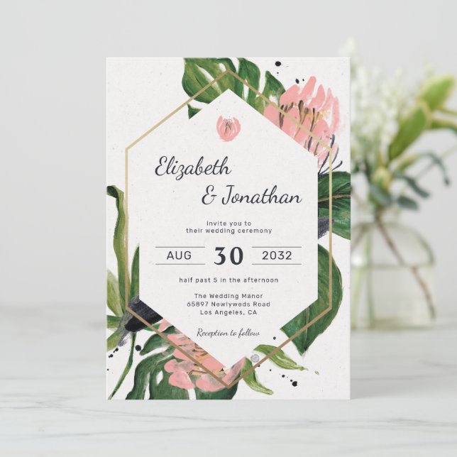 Tropical jungle pink flower & leaves floral modern invitation (Standing Front)
