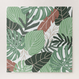 Tropical jungle plants, floral Hawaiian wallpaper. Jigsaw Puzzle