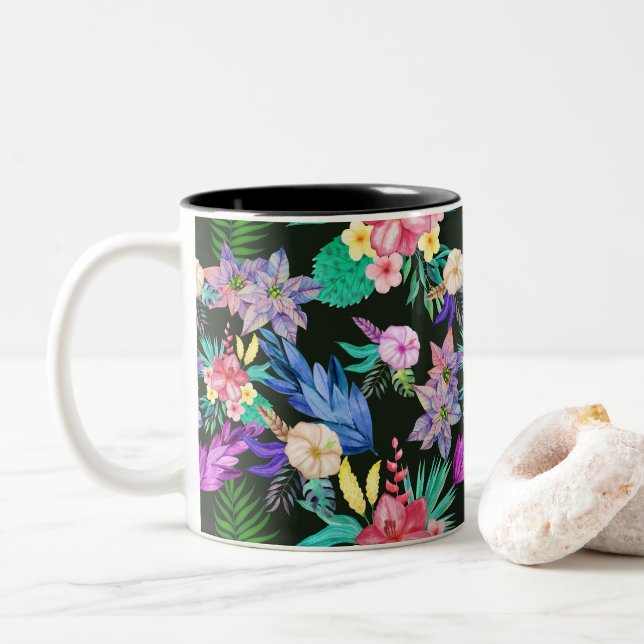 Tropical Jungle Plants Two-Tone Coffee Mug (With Donut)