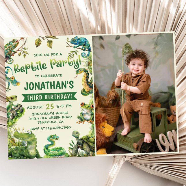 Tropical Jungle Reptile Kids Birthday Party Photo Invitation (Creator Uploaded)